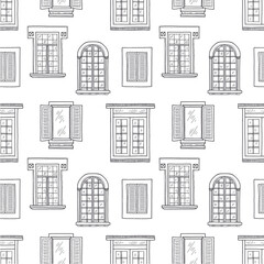 Seamless pattern with cute hand drawn windows  different types. Vintage windows collection