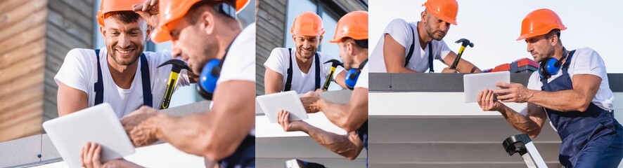 Collage of builders in uniform using digital tablet while working on roof of building