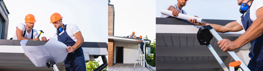 Collage of builders with blueprint, hammer and ladder working on roof of building