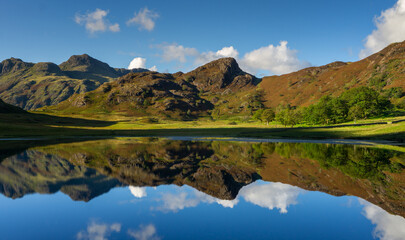 Naklejka na ściany i meble Reflections of the Langdales in Blea Tarn in the English Lake District, UK