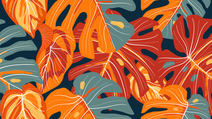 Tropisch bos naadloos patroon. Bloemenbehangontwerp met exotische bloemen en bladeren, gespleten blad philodendron plant, monstera plant lijntekeningen op trendy achtergrond. Vector illustratie.
