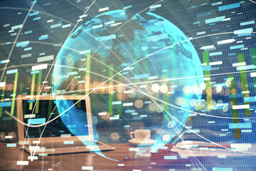 Multi exposure of business theme icons and table with computer background. Concept of success.