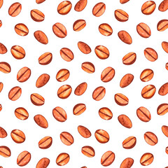 Seamless pattern with coffee beans. Watercolor illustration background for cafe, bistro, restaurant, bars menu card. Food and drink abstract texture design