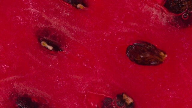 Squeeze a Piece of Watermelon with Seed. Slices and slices of watermelon are compressed and crushed close-up on a bright white background, creating a juicy splash of pulp and juice. Shooting at 120 fp