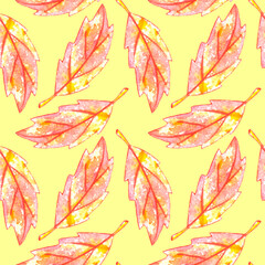Watercolor autumn leaves seamless pattern. Colorful fall background and texture for seasonal design, packaging, home textiles, fabric, thanksgiving theme and happy fall