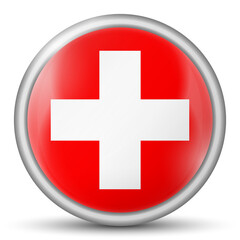 Glass light ball with flag of Switzerland. Round sphere, template icon. Swiss national symbol. Glossy realistic ball, 3D abstract vector illustration highlighted on a white background. Big bubble.