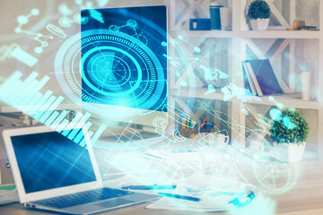 Multi exposure of business theme icons and table with computer background. Concept of success.