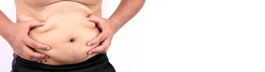 Close up of fatty Men's hand catching his fat belly  or Man's hand grabbing his fat on white...