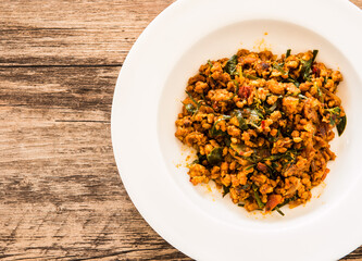 Fried  minced pork with chili paste in plate, Thai famous food