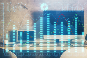 Multi exposure of graph and financial info and work space with computer background. Concept of international online trading.