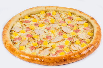 Hawaiian pizza shot on a white plate close up