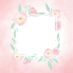 watercolor pink wild rose wreath with  frame  on pink splash background