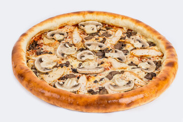 Pizza with mushrooms shot on a white background