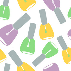 Vector seamless pattern with nail polish bottles in pastel colors on white background