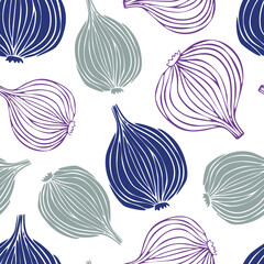 Doodle colorful onions on white background. Vector seamless pattern with vegetables.