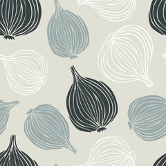 Doodle onions on beige background. Vector seamless pattern with vegetables.