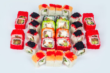 Sushi and roll sets shot on a white background