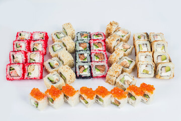 Sushi and roll sets shot on a white background