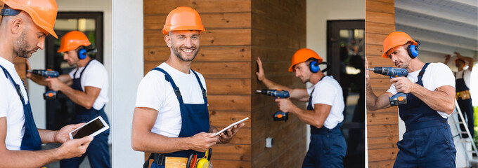 Collage of builder holding digital tablet and colleague working with electric screwdriver on facade...