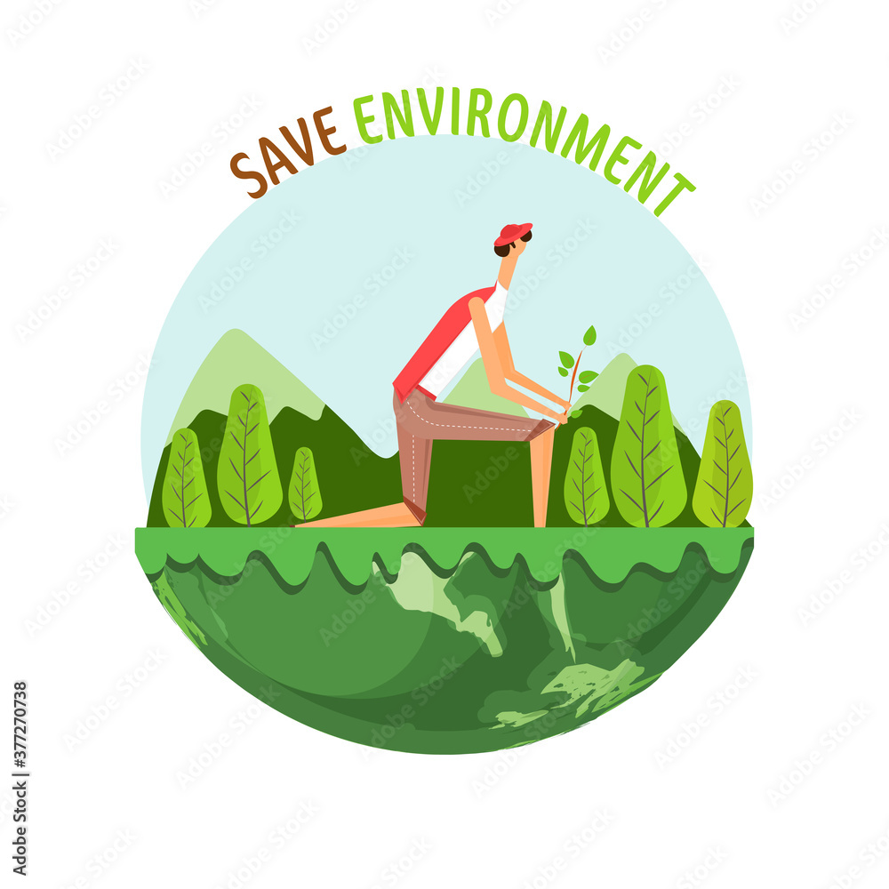 Poster cartoon man gardening on half green globe for save environment concept.