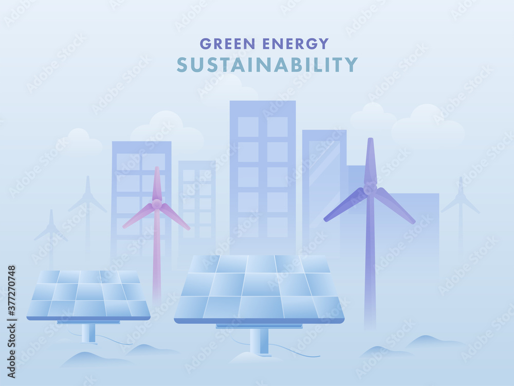 Poster Green Energy Sustainability Concept Based Poster Design with Solar Panels, Windmills and Buildings on Blue Background.