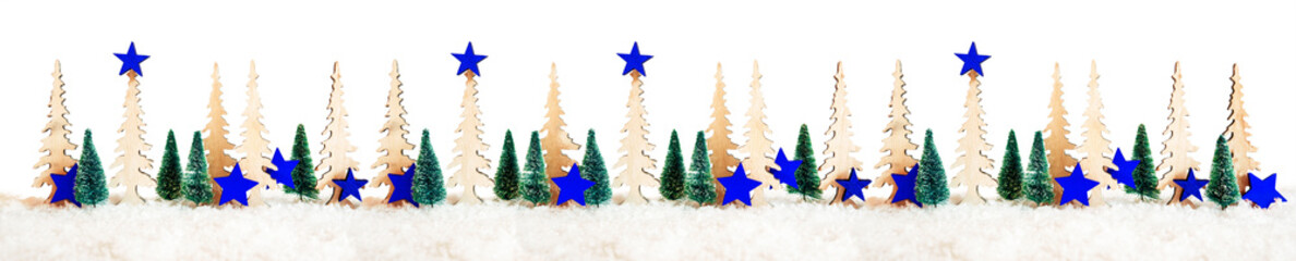 Banner With Many Christmas Tree. Blue Christmas Star Decoration And Ornament. White Isolated Background With Snow