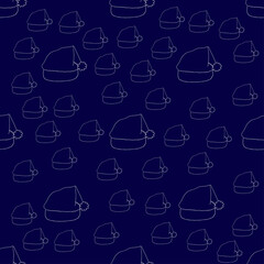 Seamless pattern doodle white santa claus hat stripes on dark blue background. For web page backgrounds, wallpapers, wrapping papers, invitation and congratulations. Happy New year and Merry christmas