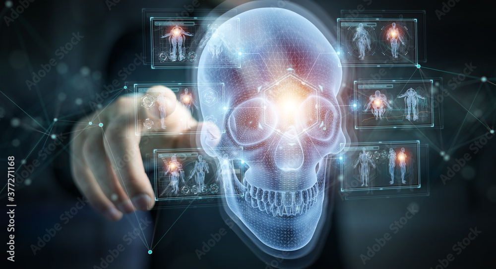 Poster Man using digital x-ray skull holographic scan projection 3D rendering