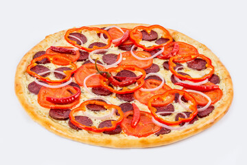 Ready-made pizza with sausage, peppers, tomatoes and cheese