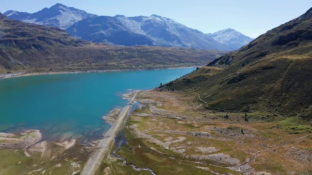 Aerial 4K - Montespluga, Italy, view of the lake