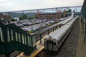 A morning commuter train heading to New York City pulls into the Peekskill station. The Metro North line serves communities along the Hudson up to Poughkeepsie.