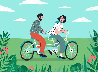 Cute couple riding on tandem bike at nature landscape vector flat illustration. Enamored man and woman enjoying physical activity on bicycle together. Happy people spending time at outdoor date