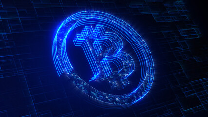 Blue Shiny Digital Art Bitcoin Logo Symbol Cryptocurrency Futuristic 3D Illustration 