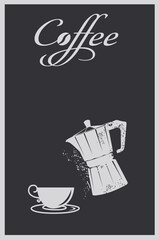 Geyser coffee maker and cup on gray background. The image illustrates when the coffee is dispensed.the inscription on the picture 