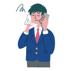 ブレザー　学生　男性　携帯電話　スマホ　冷や汗　困っている