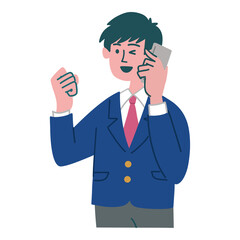 ブレザー　学生　男性　携帯電話　スマホ　ガッツポーズ
