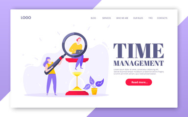 Time management business concept with tiny people, giant hourglass and magnifier symbol working on his laptop computer flat style design vector illustration. landing web page template.