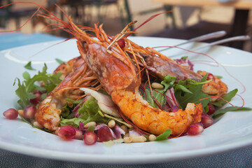Delicious light shrimp salad with arugula, cherry tomatoes, parmesan cheese and garnet seeds