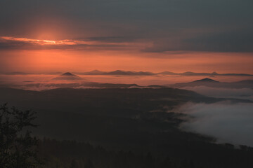 Sunrise in Czech Republic, with fog, moody