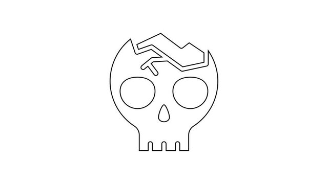 Black line Broken human skull icon isolated on white background. 4K Video motion graphic animation.
