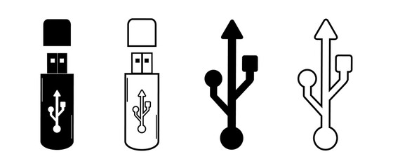 USB Flat Icon Set - Black Vector Illustrations - Isolated On White Background