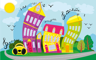 Cartoon cool landscape with a hill and a road. Dancing city. Funny houses dance. vector background. flat children s style