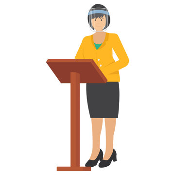 Confident businesswoman wearing medical face shield and giving speech at podium Vector Stock illustartion Design, New normal Business character on white background, Public Speech From Grandstand