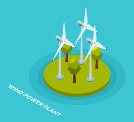 Wind power plant and factory. Wind turbines. Green energy industrial concept vector illustration in flat style with turbines and trees. Wind power station background. Renewable energy sources