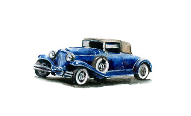 Watercolor drawing isolated blue american retro car