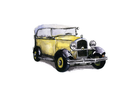 Watercolor drawing isolated yellow french retro car