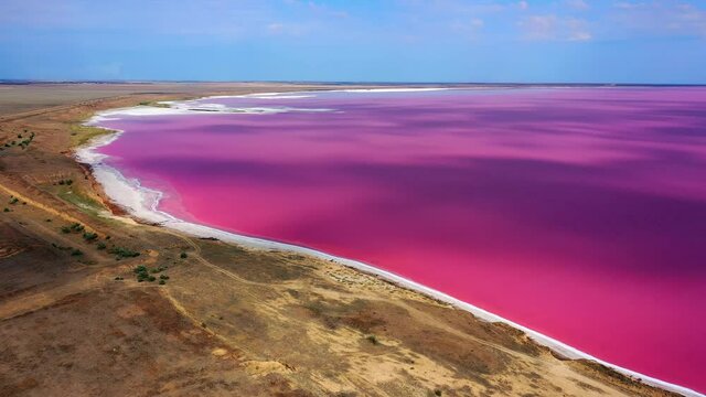 Aerial view of salt sea water evaporation ponds with pink plankton colour. Lake in pink