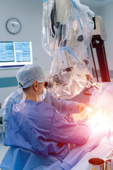 Neurourgeon is operating with medical robotic surgery machine. Manual control by minimally invasive...