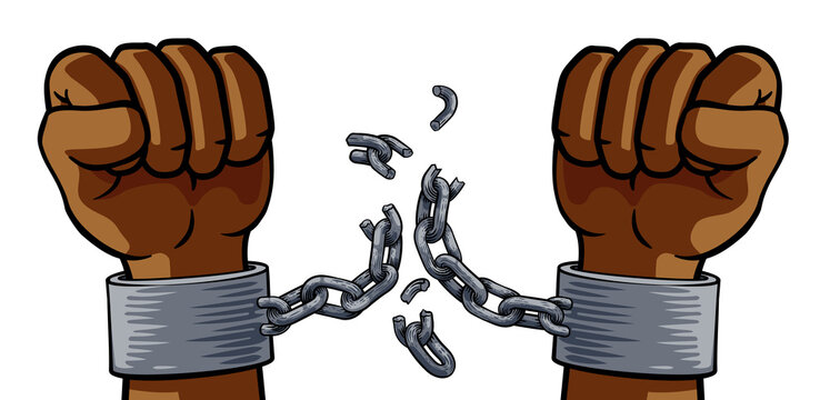 Hands in fists breaking the chain of shackle cuffs freedom concept design
