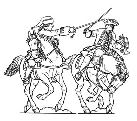 Duel of the cavalrymen. French dragoon against the english dragoon. Seven Years' War historical drawing.